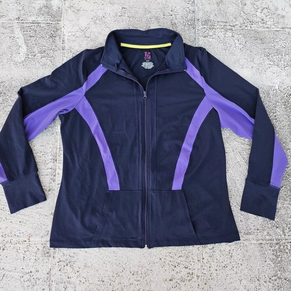 Active Women Athletic Jacket Long Sleeve Sport Zip Up Navy Blue Size 14/16